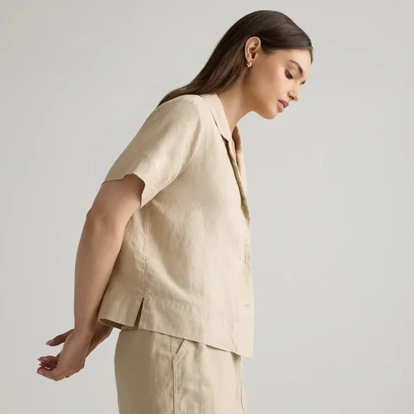 Quince 100% European Linen Short Sleeve Khaki Driftwood Tan Button Down Shirt XS - Picture 7 of 14